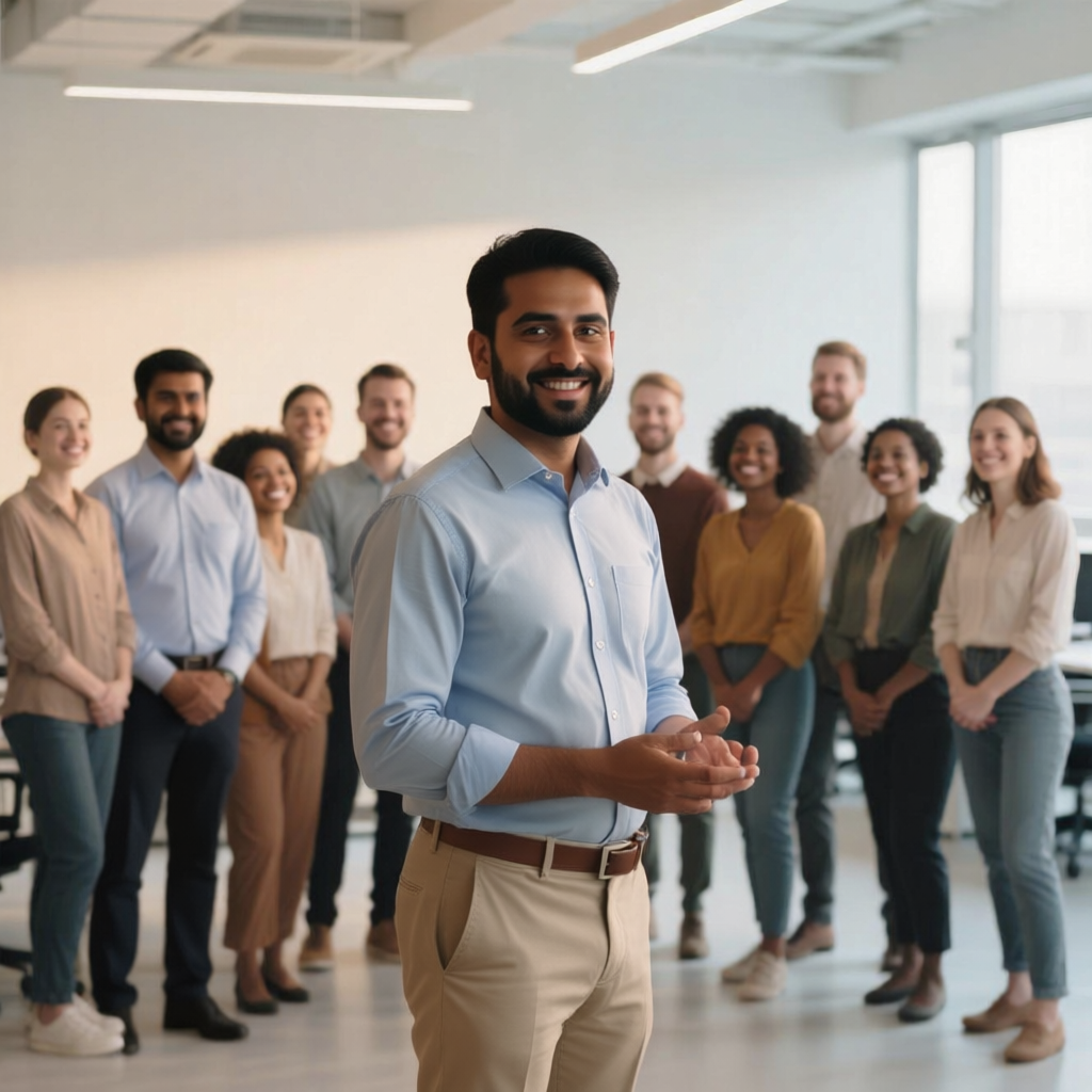 Collaborative tech team in a modern workspace
